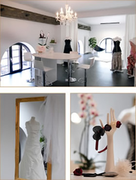 Brautkleid und Brautmode, passendes Brautzubehör wie Brauttasche, Brautbeutel, Schuhe von Rainbow, sowie Schleier, Ringkissen und Haarschmuck von nina B. Modedesign