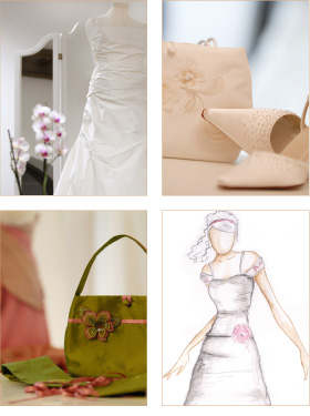 Brautkleid und Brautmode, passendes Brautzubehör wie Brauttasche, Brautbeutel, Schuhe von Rainbow, sowie Schleier, Ringkissen und Haarschmuck von nina B. Modedesign