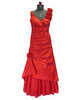 Rotes, zweiteiliges und farbiges Brautkleid aus Seidentaft mit Unterrock aus Seidenorganza. Korsage asymethrisch verziert mit Blüten am Träger.